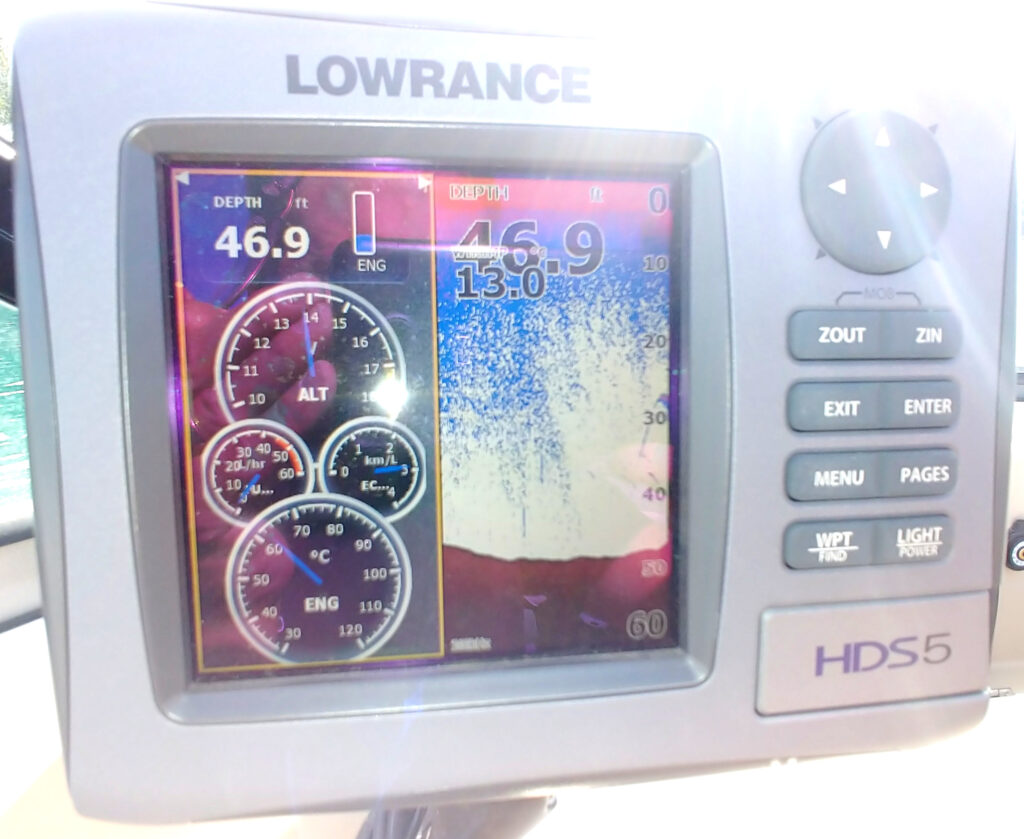 Example of Lowrance HDS5 Gen 1 Fishfinder displaying NMEA Engine Data